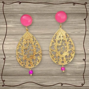 Vergoldete Tropfen Ohrringe mit Pinkfarbener Jade und goldenen Tropfen