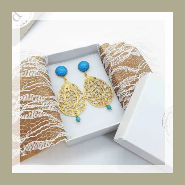 Ornament Ohrringe, mit großen Tropfen, echt vergoldet und schönen Türkis Perlen
