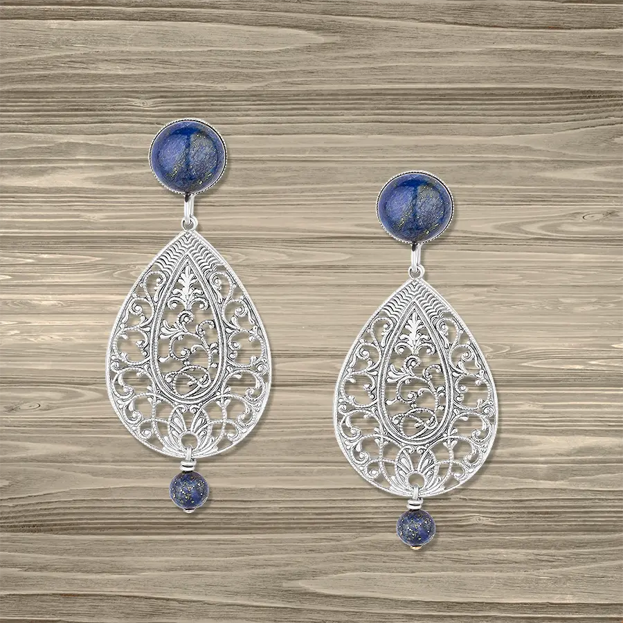Blaue-Lapislazuli-Ohrringe mit versilberten Tropfen im orientalischen Stil mit perlen